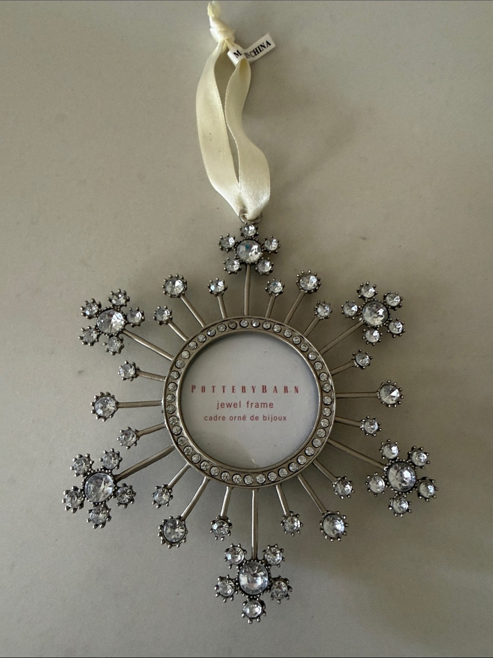 Pottery Barn Silver Jewel Frame Ornament with Cream Ribbon